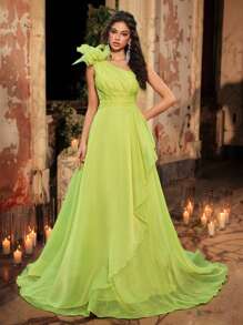 Glamrae 奢华 3D 花卉单肩欧根纱褶饰荷叶边 A 字裙，优雅适合婚礼、派对、度假、宴会（大量装饰） - 薄荷綠 - 查看 1