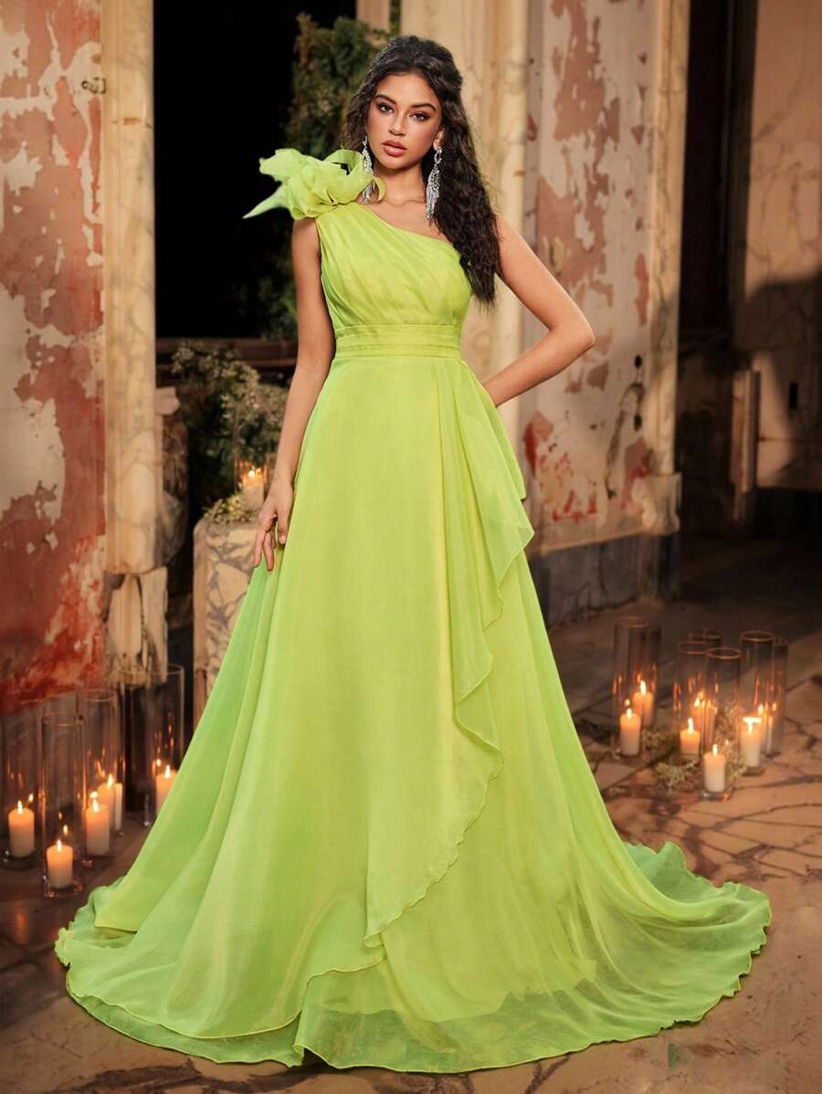 Glamrae 奢华 3D 花卉单肩欧根纱褶饰荷叶边 A 字裙，优雅适合婚礼、派对、度假、宴会（大量装饰） - 薄荷綠 - 查看 1