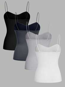 SHEIN EZwear 4 chiếc áo hai dây bó màu đen, trắng, xám đậm, xám nhạt, phù hợp cho mùa xuân và mùa hè - Nhiều màu - Xem 2