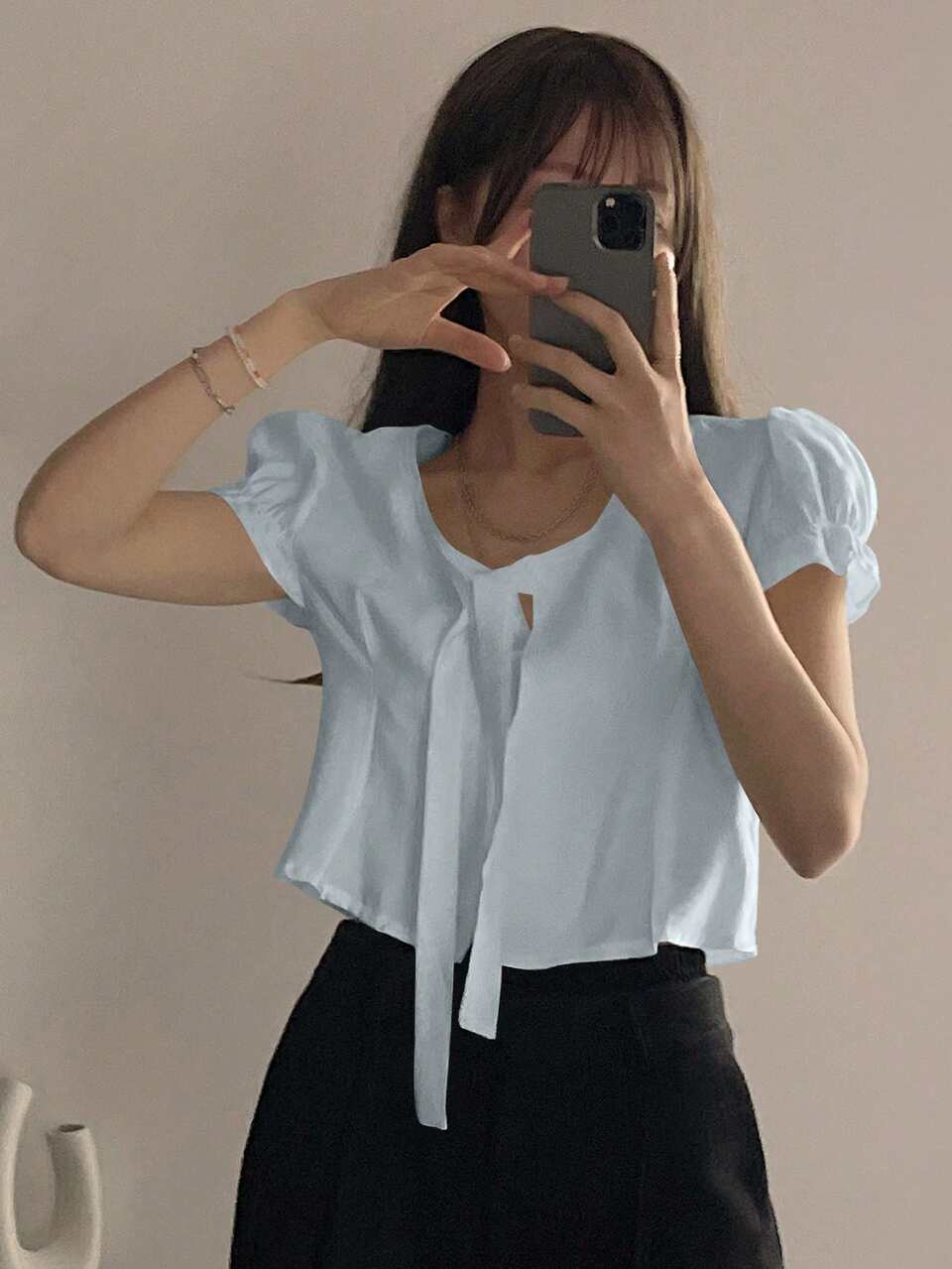 Women's Solid Color Tie Front Short Sleeve Cropped Elegant Blouse