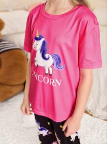 FamilyFrolics Conjunto de pijama con Top de manga corta con cuello redondo y pantalón largo con estampado de dibujos animados para niñas mayores
