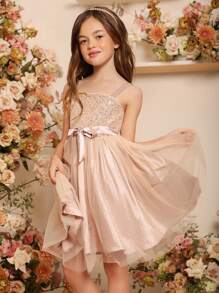 Pitira Pitira Tween Girls Sequin Bodice Mesh Overlay Dress With Belt - Champagne - View 6