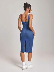 SHEIN Essnce 女式无袖休闲方领修身牛仔连衣裙，夏季 - 藍色 - 查看 2
