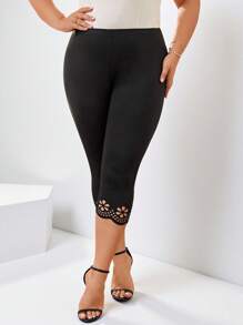 Chikora 大尺碼女式黑色鏤空緊身緊身褲 - 黑色 - 查看 7