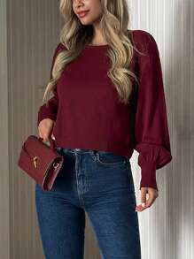 EURMUSE Chic Navy Knit Sweater With Dramatic Puff Sleeves, Fitted Cuffs, And Bold Deep Scoop Back Burgundy Top Open Back Top Fall Women Clothes Modest Old Money,Jumper,Cream Jumper,Jumpers,Black Jumper,Womens Jumper,White Jumper,Women's Jumper,Women's Jumpers - Burgundy - View 6