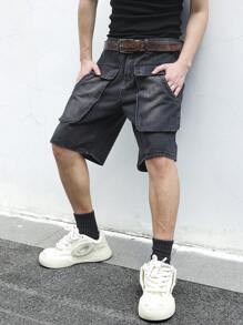 Manfinity EMRG Short de mezclilla para hombres con bolsillos grandes, cargo holgado, color negro liso para salir, estilo rapero (jorts) - Negro - Ver 7