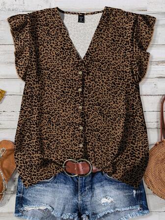 EMERY ROSE Blusa suelta con estampado de leopardo, cuello en V y mangas abullonadas en color rosa para mujer talla grande, ideal para uso diario, vacaciones y salir. Ropa de verano para mujer.
