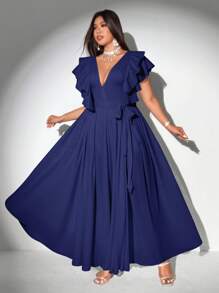 Viva Relle Plus Size Women Elegant Romantic Tie-Up Deep V-Neck Ruffle Sleeve A-Line Chiffon Dress - Navy Blue - View 3