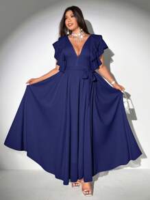 Viva Relle Plus Size Women Elegant Romantic Tie-Up Deep V-Neck Ruffle Sleeve A-Line Chiffon Dress - Navy Blue - View 6