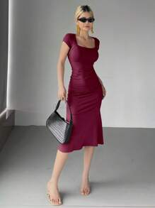 DAZY 女士纯色裹身方领鱼尾中长连衣裙 红色 女士圣诞连衣裙 - 酒紅色 - 查看 4