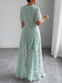 Roveilla 法式优雅蕾丝连衣裙，奢华镂空刺绣修身A字长裙 - 綠色 - 查看 2