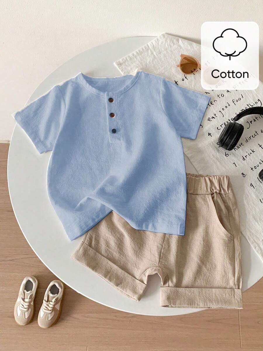 SHEIN Genkimix Kids 2pcs/Set Young Boy Solid Color Round Neck Short Sleeve T-Shirt And Shorts, Casual Outfit, School, Campus, College - Blue - View 1