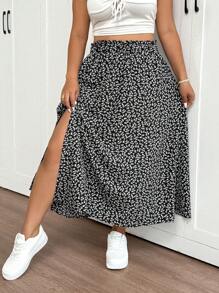 SHEIN Frenchy Plus Size Tropical Split Floral Printed Women's Skirt - Black - View 2