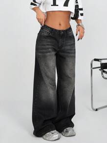 EURMUSE 100% Cotton WOMEN LOW RISE WIDELEG FIT BLACK Y2K STYLE BAGGY JEANS Baggy Jeans Women Wide Leg Jeans Baggy Jeans Woman Jeans Wide Leg Wide Leg Jeans Women Women Jeans Baggy Women Baggy Jeans - Black - View 3