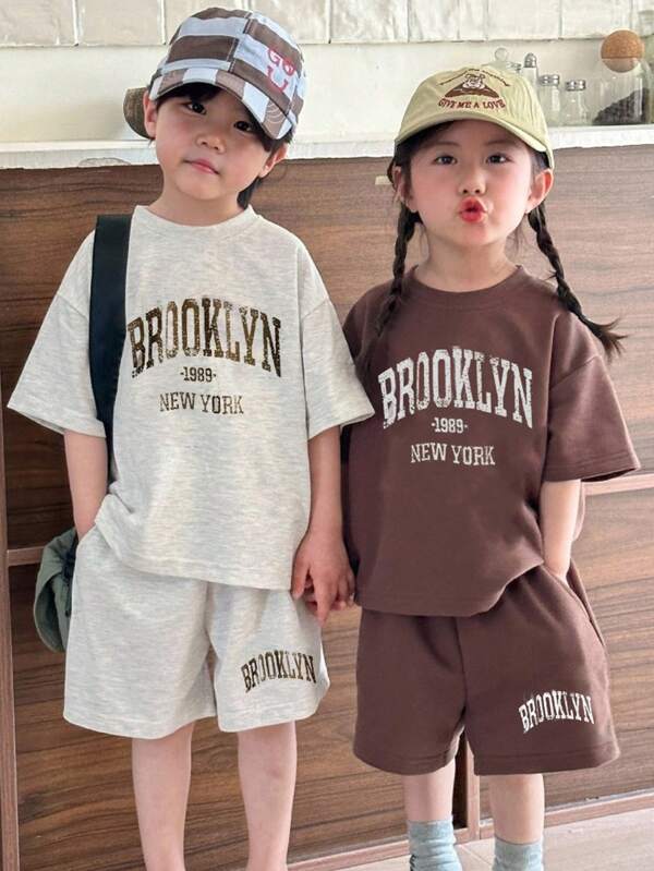 Young BoyLoose Crew Neck Vintage Letter Print Top And Matching Shorts Set, Comfortable Soft Fabric, Casual Suitable For School, Outings, Summer