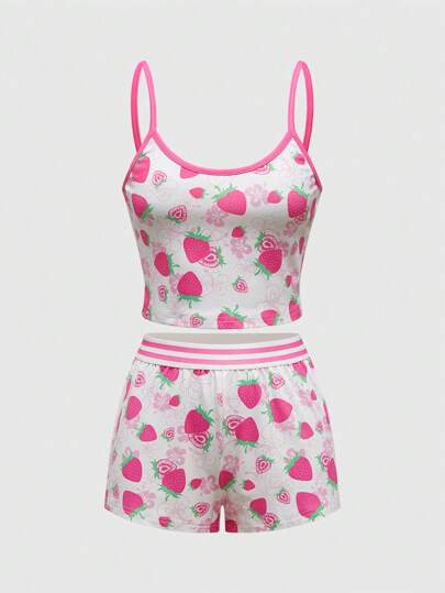 ROMWE Avant Short casual court imprimé hibiscus et fraise "Island Girl", ensemble de pyjama d'été