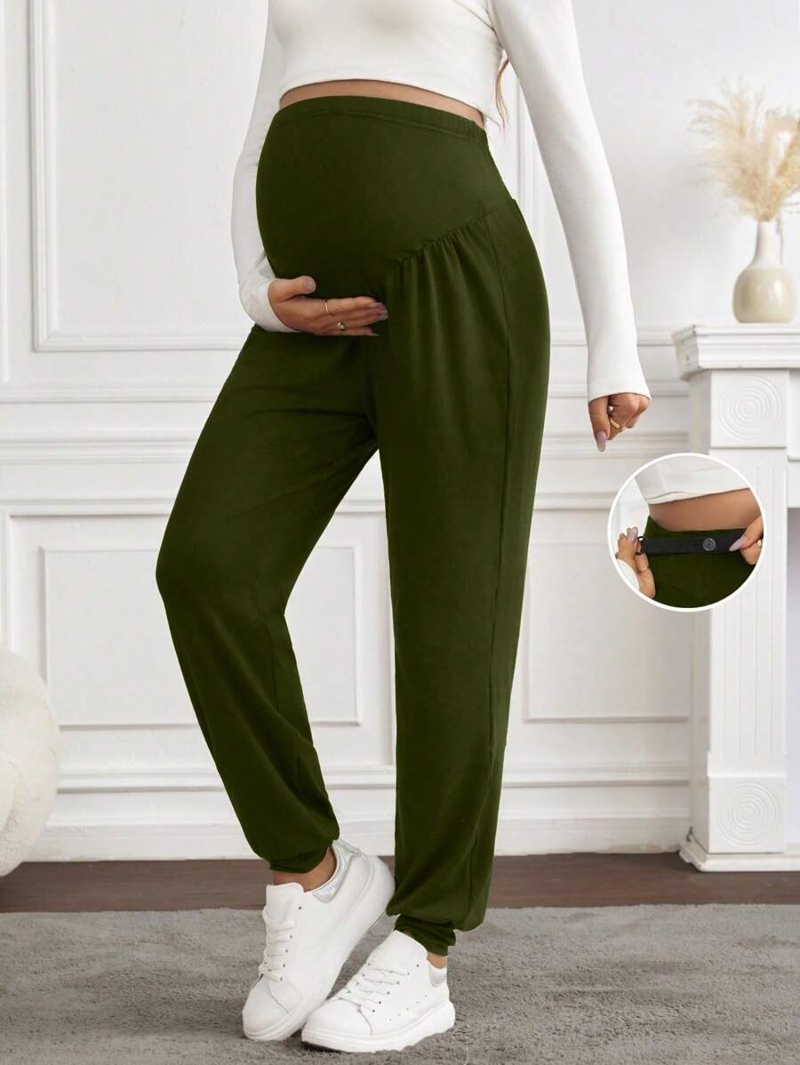 SHEIN Maternity Solid Color Adjustable Waist Casual Drawstring Pants - Green - View 1