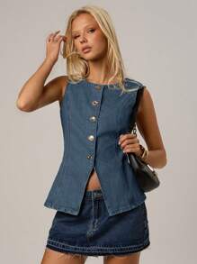 Avantive Women Summer New Sleeveless Washed Blue Denim Vest, Commuting Style - Blue - View 3
