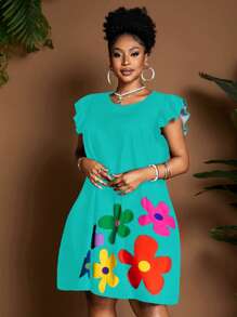 Maweii 大码女式圆领盖袖夏季连衣裙 - 薄荷藍 - 查看 4