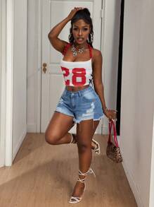 Slaydiva 女式蓝色破洞毛边休闲牛仔短裤，夏季款式 - 藍色 - 查看 7