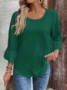 EMERY ROSE Blusa de mujer de unicolor, cuello redondo, hombros regulares, volantes en el bajo, tejido texturizado, color verde - Verde - Ver 4