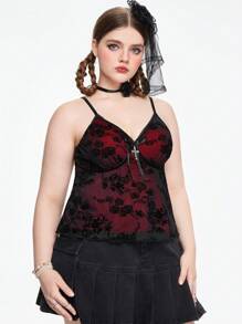 ROMWE Fairycore Plus Size Vintage Cross Pendant Flocked Net Strap Camisole - Red - View 2