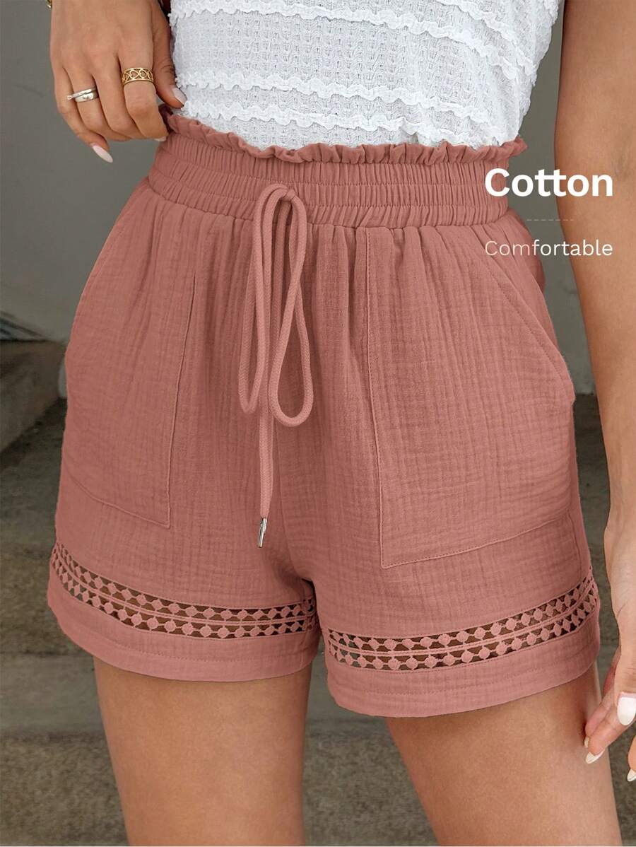Easowa Celana Pendek Wanita Warna Khaki dengan Pinggang Elastis dan Detail Trim Katun, Musim Semi/Panas, Celana Pendek Pinggang Tinggi
