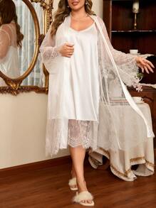 Côtesoire 加大码撞色蕾丝法式优雅睡袍套装