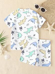 Sharks, Holiday, Vacation, Coconuts, Baby Boy Graphic Casual Slim Fit Round Neck Short Sleeve & Shorts Swimwear Set, Suitable For Summer - Multicolor - View 3