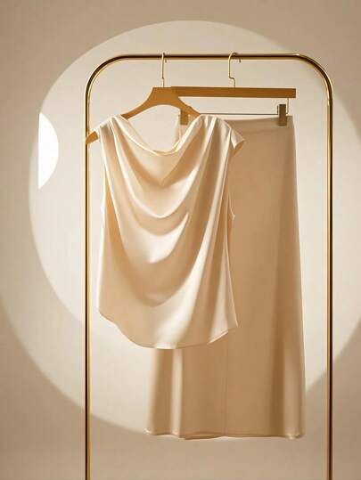 SHEIN Frenchy Bộ 2 món cỡ lớn, phong cách đi làm thành thị thanh lịch và tinh tế, áo cánh xếp ly satin bó sát + chân váy dài, màu mơ