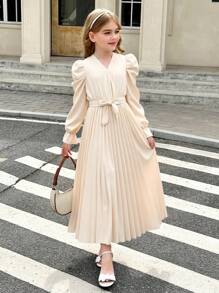 SHEIN Tween Girls Casual Puff Sleeve Long Sleeve Ruffle V-Neck Pleated Maxi Dress - Apricot - View 11