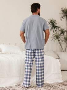 DAZY Spring Solid Color Shirt Matched With Textured Plaid Pants Men's Loungewear Set Pajama - Multicolor - View 2