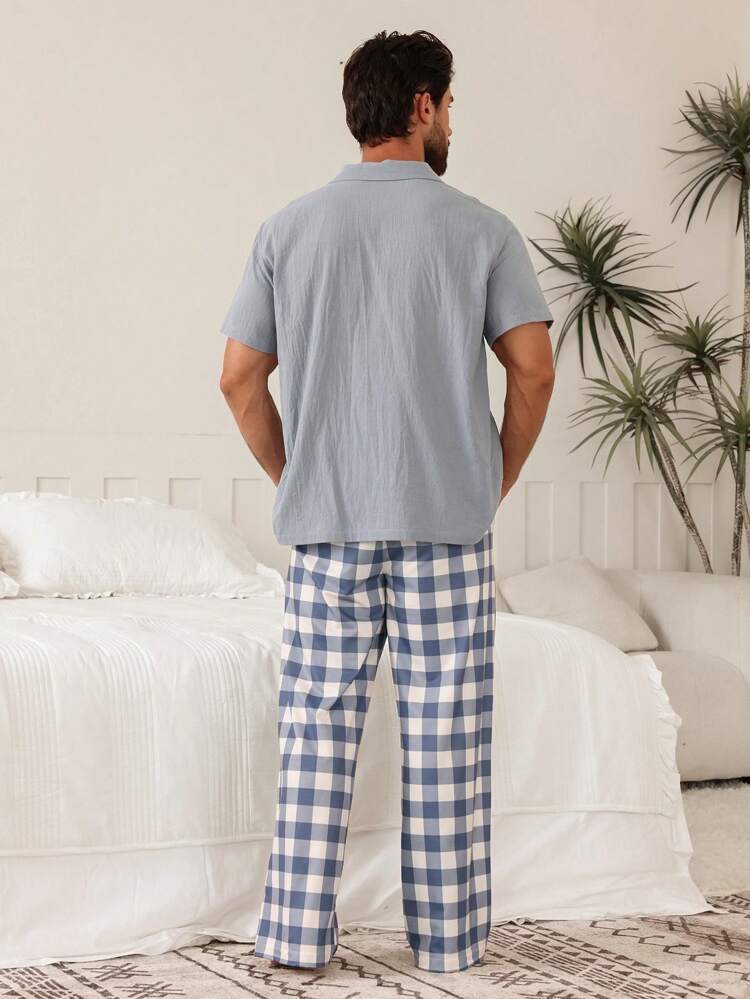 Spring Solid Color Shirt Matched With Textured Plaid Pants Men's Loungewear Set Pajama