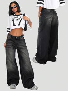 EURMUSE 100% Cotton WOMEN LOW RISE WIDELEG FIT BLACK Y2K STYLE BAGGY JEANS Baggy Jeans Women Wide Leg Jeans Baggy Jeans Woman Jeans Wide Leg Wide Leg Jeans Women Women Jeans Baggy Women Baggy Jeans - Black - View 1