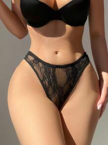 SHEIN Black Sexy Sheer Lace Butterfly Open Crotch Panties, Suitable For Dates For Going Out - Black - View 2