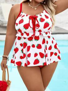 SHEIN CURVE+ Bộ đồ bơi tankini dây đeo họa tiết dâu tây casual cho nữ size lớn, trang phục đi biển mùa hè/về quê/kỳ nghỉ bãi biển/đồ đi biển/đồ tắm cho nữ - Nhiều màu - Xem 5