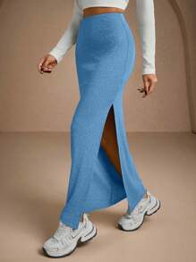 EURMUSE Women Solid Color Slit Detailed Tube Skirt - Baby Blue - View 4