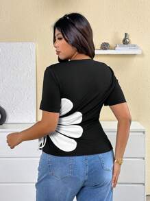 Elenzga Camiseta de Gola Redonda de Manga Curta Plus Size, Moda para o Verão - Preto - Visão 2