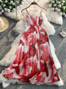 DreamSkyne Vestido de tiras de mujer de talla grande con estampado de teñido por agua, vestido de línea A con cintura anudada inspirado en lo francés, adecuado para playa y vacaciones de verano - Rojo - Ver 5