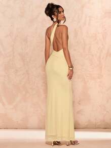 SHEIN BAE 女士夏季奶油黄色不对称领口侧褶金属扣装饰美人鱼下摆露背连衣裙//女士婚礼宾客礼服/蜜月装女士派对礼服/波西米亚风服装/度假礼服/奶油黄连衣裙/生日礼服 - 黃色 - 查看 1