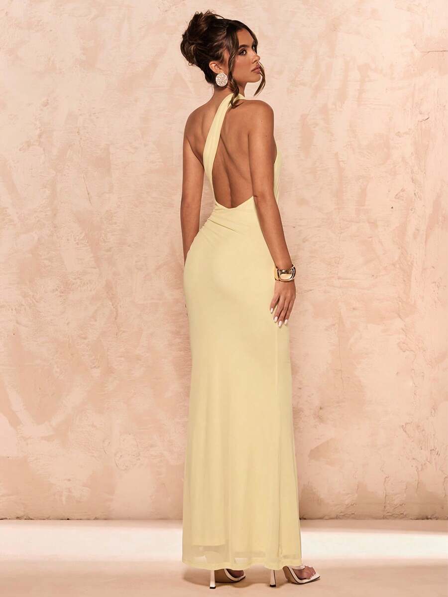 SHEIN BAE 女士夏季奶油黄色不对称领口侧褶金属扣装饰美人鱼下摆露背连衣裙//女士婚礼宾客礼服/蜜月装女士派对礼服/波西米亚风服装/度假礼服/奶油黄连衣裙/生日礼服 - 黃色 - 查看 1