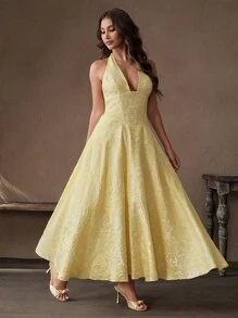 SHEIN Unity Spring, Summer Elegant Chic Backless Women V-Neck Pink Bow Decor A-Line Dress - Butter Yellow - View 4