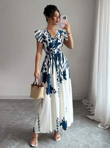 Elenzga Women's Elegant V-Neck Floral Print Cap Sleeve A-Line Maxi Dress, Spring/Summer - Multicolor - View 1