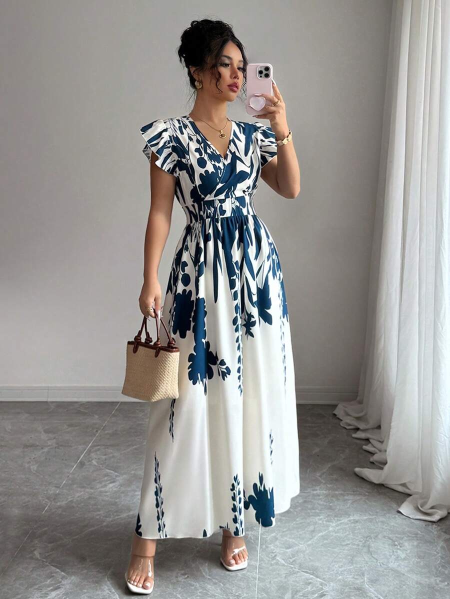 Elenzga Women's Elegant V-Neck Floral Print Cap Sleeve A-Line Maxi Dress, Spring/Summer - Multicolor - View 1