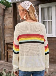 LanaWest 女式休闲彩虹条纹套头毛衣针织套头衫秋冬 - 杏色 - 查看 2