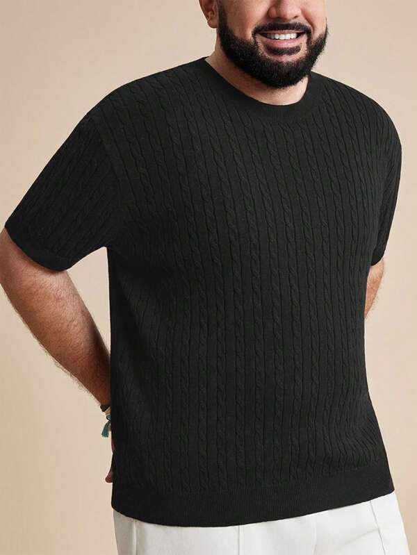 EASEVO Plus Size Men's Slim Fit Cable Knit Black Crew Neck Short Sleeve Sweater, School