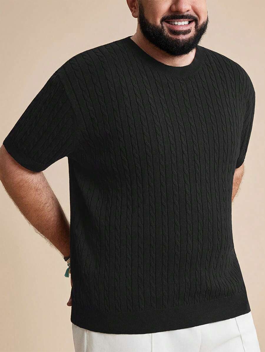 EASEVO Plus Size Men's Slim Fit Cable Knit Black Crew Neck Short Sleeve Sweater, School, For Fall Winter