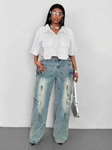 Maweii Camisa de bolsillo corta de unicolor para mujer tallas grandes