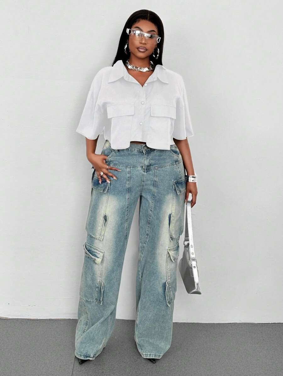 Maweii Camisa de bolsillo corta de unicolor para mujer tallas grandes