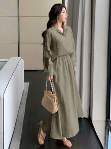 DAZY Set de 2 piezas de blusa de manga larga y falda mini de unicolor casual para mujer, ropa de otoño, ropa de vuelta al colegio